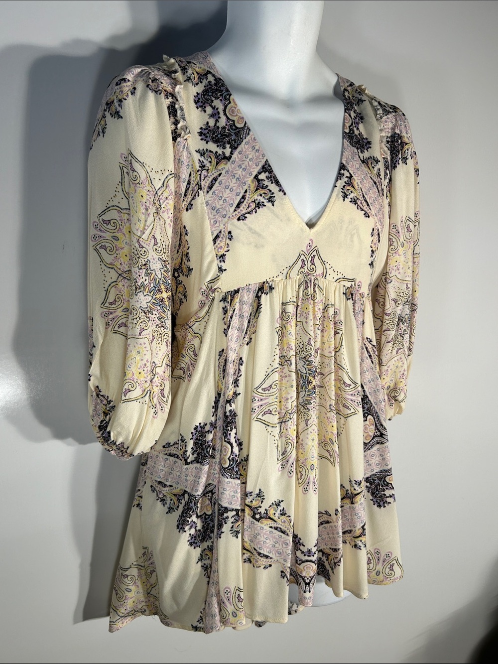 Free People SZ S Creamy Yellow Print Dress or Tunic Boho Country Cottage Flowy